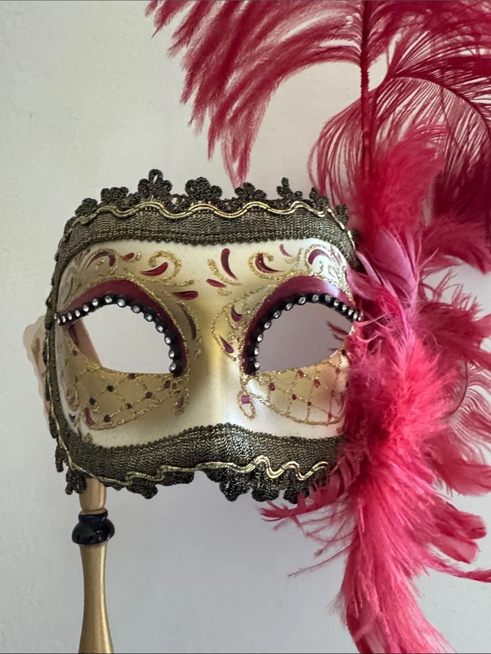 Gold Venetian Handheld Mask with Red Feather Accent